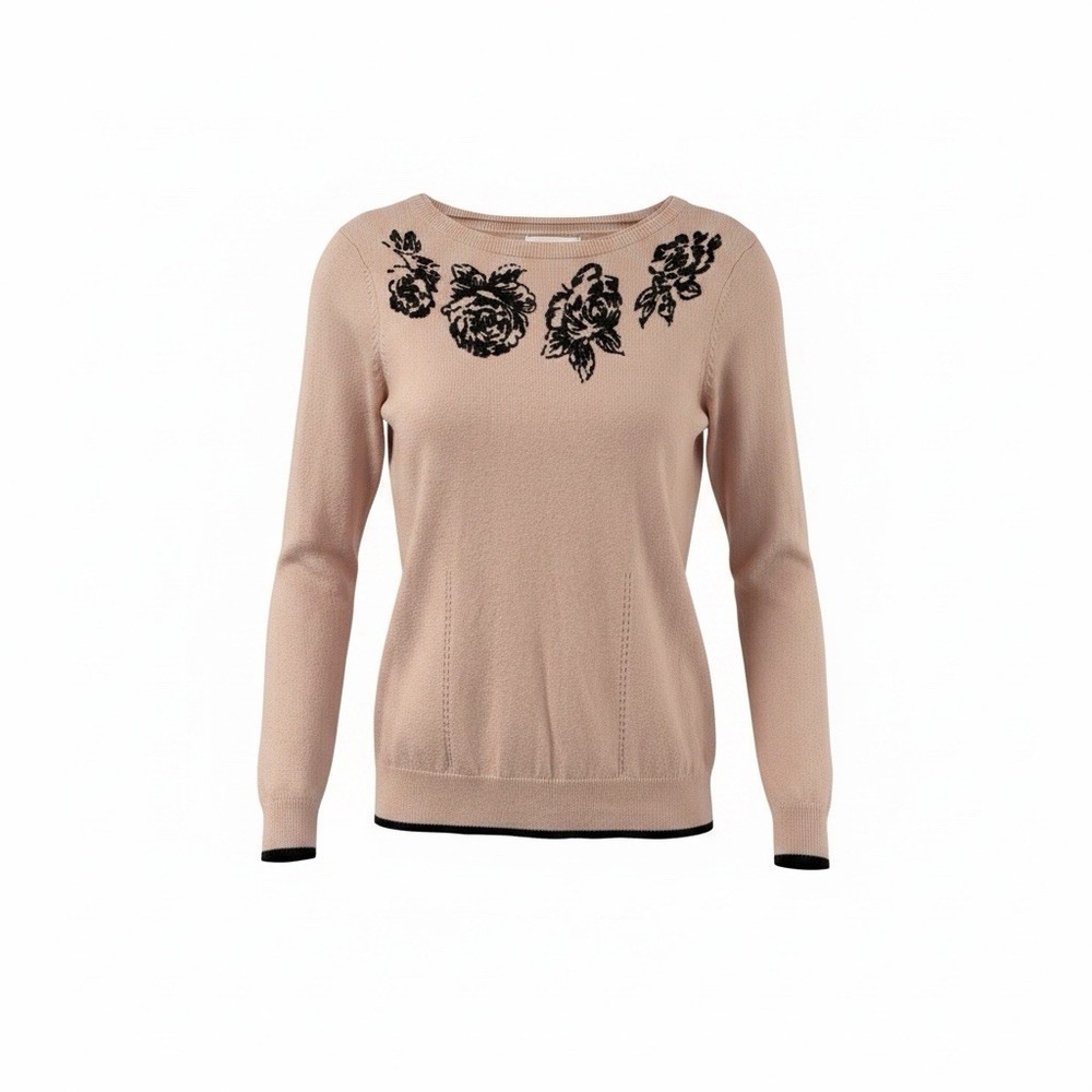 ELLE Fine-Knit Long Sleeve Sweater Women’s Size Med Pink - Black Beaded Floral